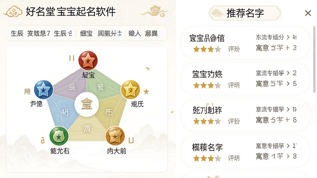 主体:好名堂宝宝起名软件的八字分析功能界面,左侧显示宝宝的生辰八字与五行统计图,右侧展示推荐名字列表。布局:左右分栏设计,左侧信息结构化展示,右侧名字列表带评分与寓意说明。排版:清晰直观,数据可视化。风格:专业简约,色彩以白色和浅金色为主,体现传统国学韵味。细节:五行图标形象生动,名字旁标注拼音与笔画数,评分星级明显。画质:高清,干净无杂乱元素。