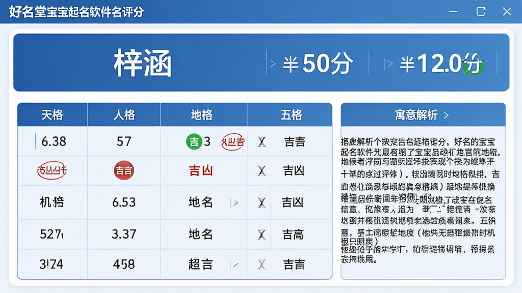 主体:好名堂宝宝起名软件的名字评分界面,展示一个名字“梓涵”的详细评分页面,包含天格、人格、地格等五格数值与吉凶标注。布局:信息层级分明,上方为名字与总评分,下方为五格表格与寓意解析。风格:专业学术,蓝色调为主,表格清晰。细节:评分数字突出,吉凶用红色与绿色标识,寓意文字详尽。画质:高清,干净整洁。