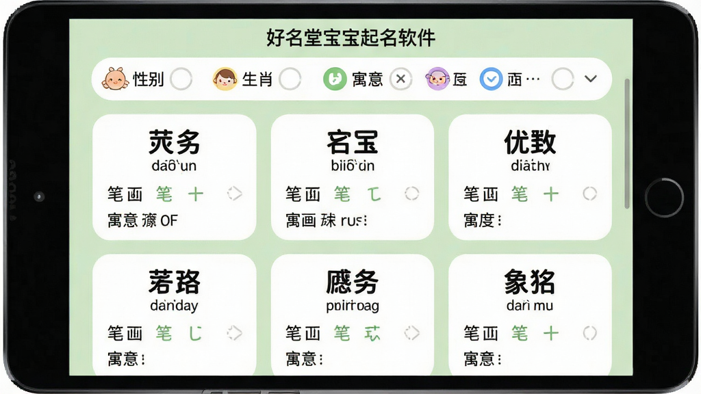 主体:好名堂宝宝起名软件的名字筛选界面,顶部为筛选条件栏(性别、生肖、寓意等),下方展示多个名字卡片。布局:卡片式布局,每个卡片包含名字、拼音、笔画、寓意解释。风格:清新简约,淡绿色背景,卡片圆角设计。细节:名字字体醒目,寓意文字清晰,筛选条件图标可爱。画质:高清,画面干净舒适。