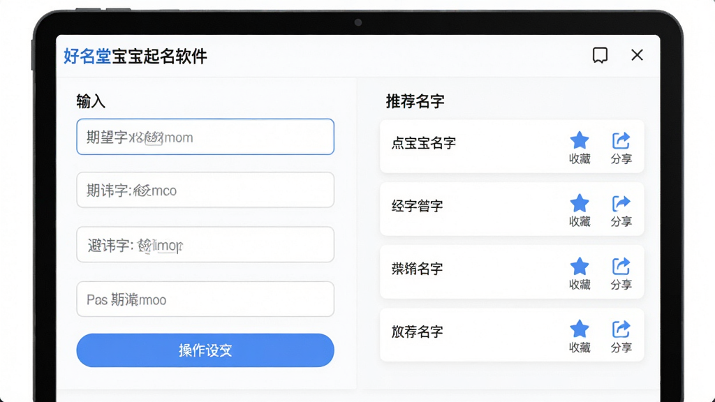 主体:好名堂宝宝起名软件的个性化设置界面,左侧为输入框(期望字、避讳字等),右侧为推荐名字结果。布局:表单与结果并排,操作流畅。风格:简洁现代,白色背景,蓝色按钮。细节:输入框带提示文字,结果名字带“收藏”与“分享”图标。画质:高清,干净无多余元素。
