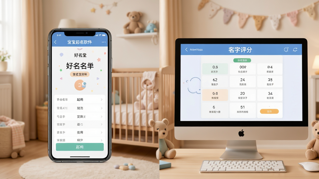 主体:好名堂宝宝起名软件在手机与电脑上的使用场景拼图,左侧为手机屏幕显示起名界面,右侧为电脑屏幕显示名字评分界面。布局:左右对称,设备居中。风格:生活化,背景为温馨的婴儿房。细节:屏幕内容清晰可见,光线柔和。画质:高清,画面干净。