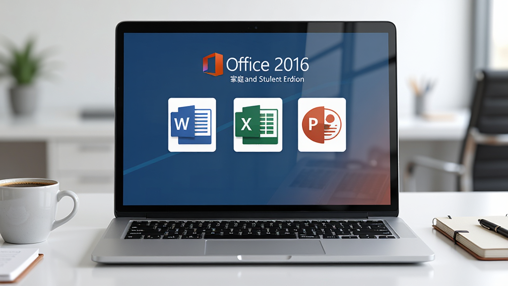 主体:一台笔记本电脑屏幕显示 Office 2016 家庭和学生版 的启动界面,包含 Word、Excel、PowerPoint 三个彩色图标;布局:电脑居中,屏幕内容清晰可见,背景为干净的书桌;排版:简洁大气,图标排列整齐;风格:现代商务风,色彩明亮;细节:屏幕反光自然,键盘可见,桌面有咖啡杯和笔记本;画质:4K 高清,干净,无多余元素
