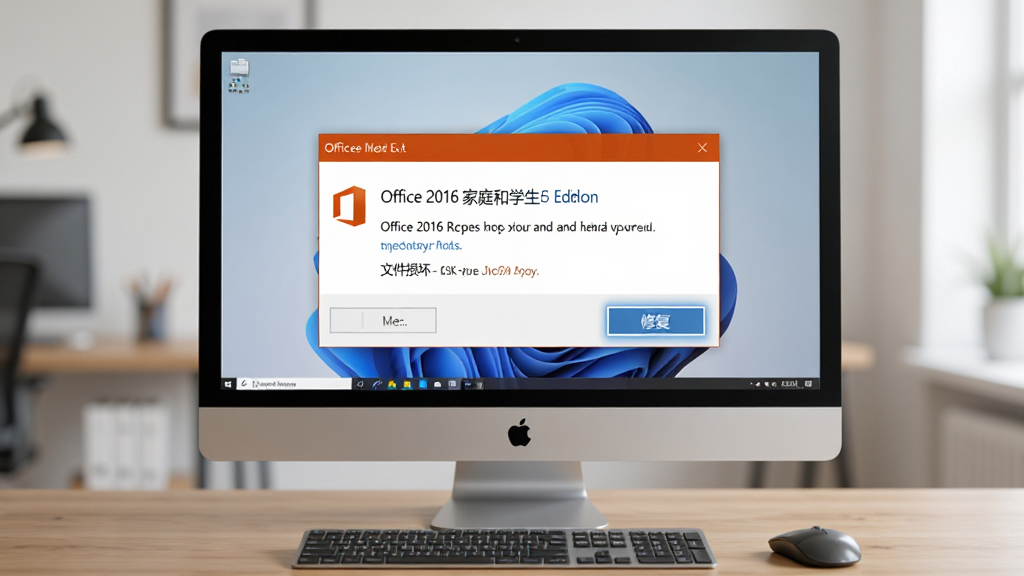 主体:一台台式机显示 Office 2016 家庭和学生版 的错误提示框,旁边有一个修复按钮;布局:屏幕居中,背景是办公桌,有键盘和鼠标;排版:提示框清晰,文字可读;风格:写实,光线柔和;细节:屏幕上有“文件损坏”字样,修复按钮高亮;画质:4K 精细,干净,无多余元素