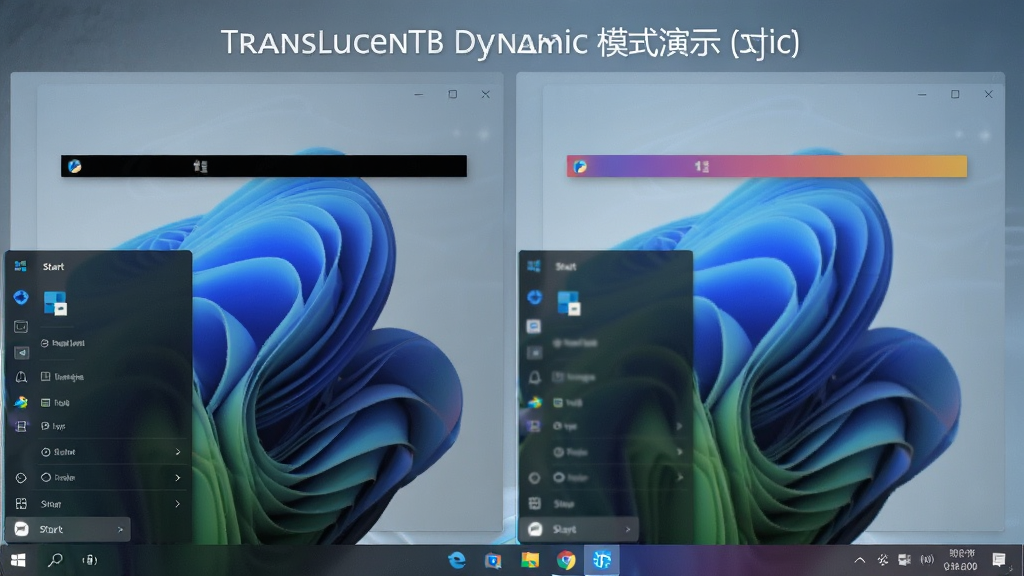 主体:TranslucentTB动态模式演示。布局:桌面打开多个窗口,任务栏颜色随窗口状态变化。排版:对比展示不同状态下的任务栏效果。风格:动态流畅。细节:开始菜单打开时任务栏变深色,普通桌面时透明。画质:高清,无多余元素。