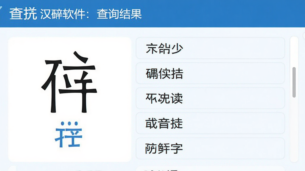 查拼音软件汉字查询结果页面,展示一个生僻字的拼音标注,包含声调,旁边显示多音字的不同读音列表,界面设计简洁,字体清晰,蓝白配色,整体布局合理,高清画质,干净无多余元素