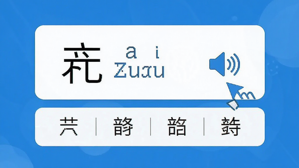 查拼音软件发音朗读功能展示,界面上有一个汉字及其拼音,旁边有喇叭图标,点击后播放发音,下方显示声母韵母拆分,整体界面简洁清晰,蓝白配色,高清画质,干净无多余元素