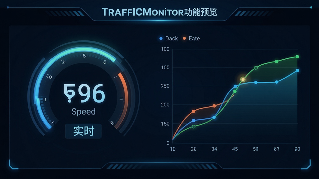 TrafficMonitor功能预览图,展示实时速度数字与动态曲线图,布局清晰,风格科技感,细节丰富,画质高清,无多余元素