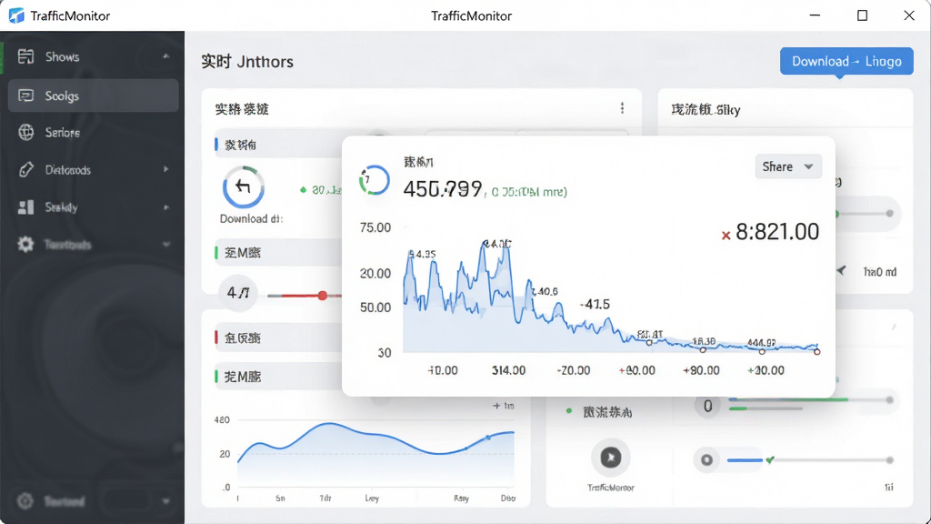 TrafficMonitor软件主界面预览图,悬浮窗显示实时上传下载速度,布局简洁,风格现代,细节清晰,画质干净,无多余元素