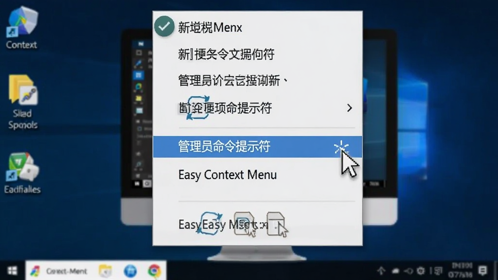 一张动态示意图,展示用户右键点击桌面后,弹出的菜单中出现了“管理员命令提示符”等新增选项,鼠标指针指向该选项,画面清晰,背景简洁,突出Easy Context Menu带来的便利,画质干净。