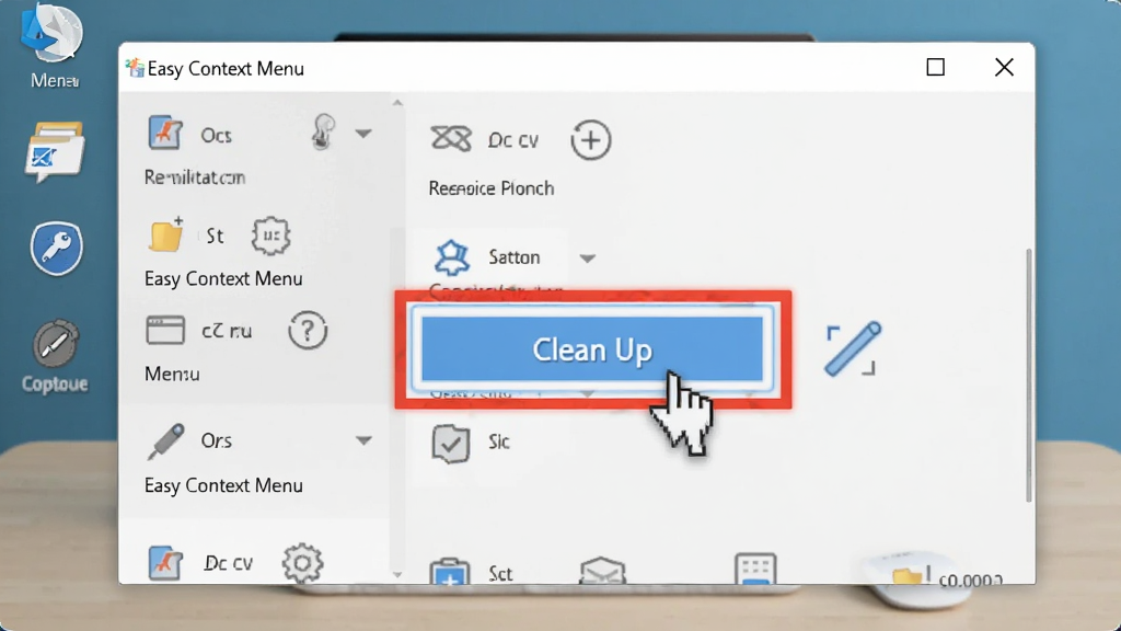 一张用户正在使用Easy Context Menu进行菜单清理的截图,界面高亮显示“Clean Up”按钮,鼠标悬停,背景为干净的桌面,画面清晰,操作直观,突出软件清理功能的便捷性,画质干净。
