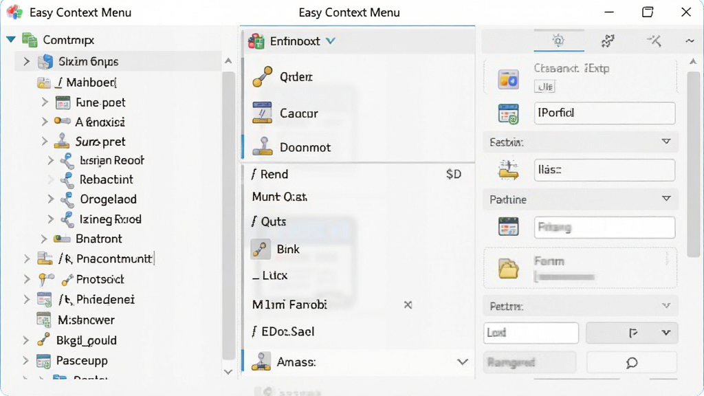 一张展示Easy Context Menu主界面的截图,界面清晰列出各种右键菜单选项,左侧为功能分类树,右侧为详细设置面板,整体风格简洁现代,采用浅色背景,图标精致,文字清晰,画质干净,无多余元素。