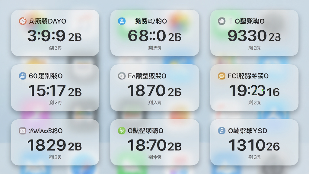 倒计时免费DaysM应用的多任务管理界面,屏幕中整齐排列多个倒计时卡片,每张卡片显示不同的事件名称与剩余天数,背景采用浅色毛玻璃效果,卡片圆角设计,带有轻微的阴影,界面清爽,排版规整,细节丰富,画质细腻,无多余元素