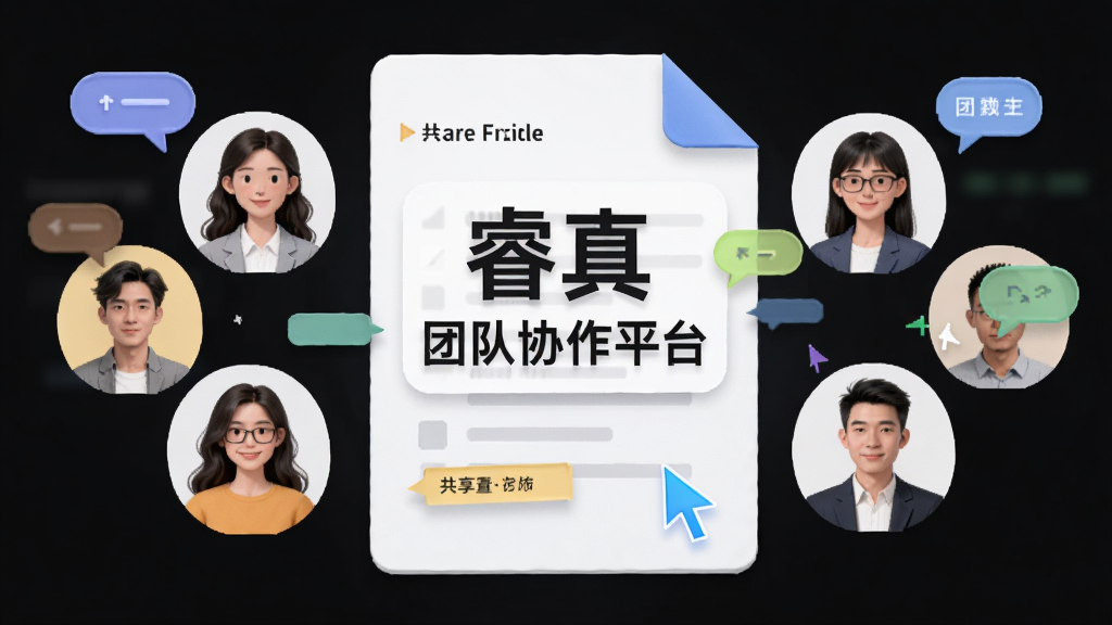 主体为多人头像悬浮在一份共享文档周围,文档上标注“睿真 团队协作平台”,布局为居中对称,风格为轻拟物,细节有不同颜色的光标和批注气泡,画质干净,无多余元素