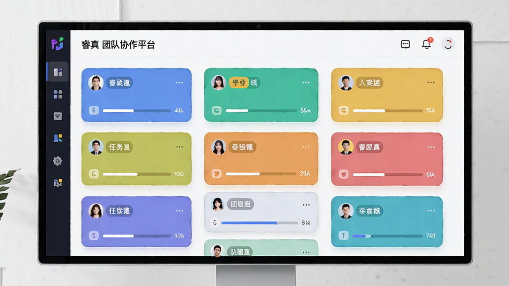 主体为一块电子看板,上面排列着彩色任务卡片,标注“睿真 团队协作平台”,布局采用瀑布流样式,风格为现代商务风,细节包括任务标签、头像和进度条,画质清晰,干净无杂物