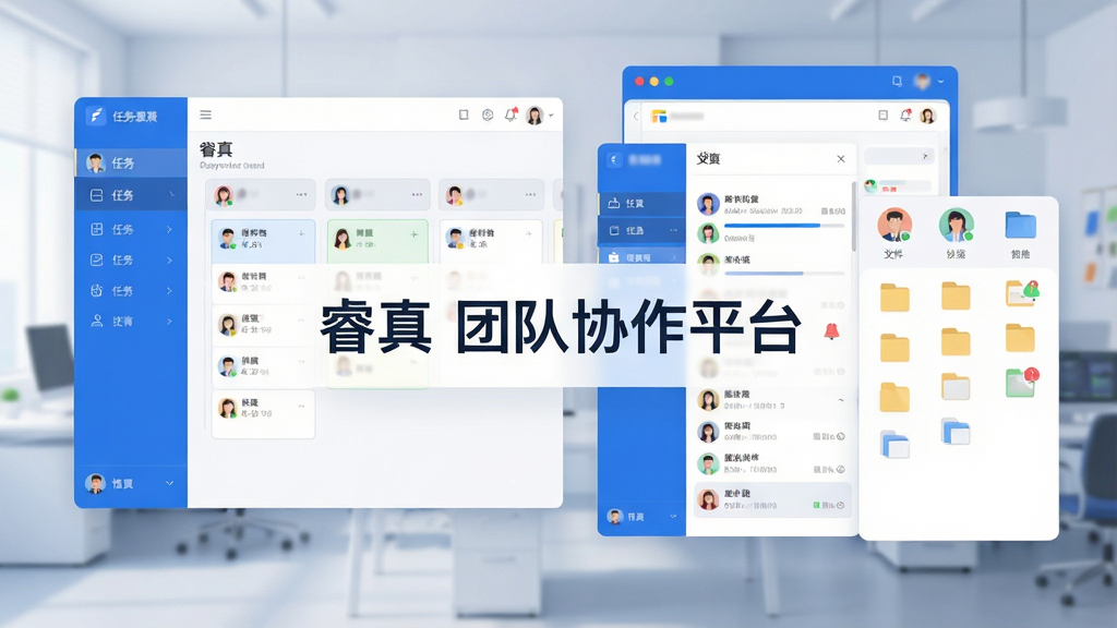 画面主体为一个现代简约的团队协作界面,中央显示“睿真 团队协作平台”字样,背景是虚拟办公场景,多窗口展示任务看板、聊天列表和文件库,布局采用左右分栏,扁平化设计风格,色彩以蓝白为主,细节包含头像、进度条和通知图标,画质高清干净,无多余元素