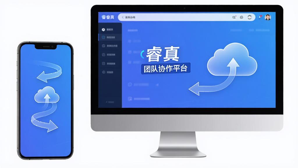 主体为一部手机和一台电脑屏幕并排,屏幕上显示“睿真 团队协作平台”界面,布局为左右对称,风格为科技感,细节有同步箭头和云朵,画质清晰干净
