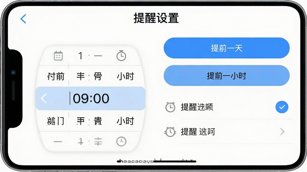 倒计时免费DaysM应用的提醒设置界面,显示时间选择器与提醒选项列表,背景为白色,顶部有“提醒设置”标题,下方有“提前一天”、“提前一小时”等选项按钮,界面简洁,按钮圆润,细节清晰,画质干净,无多余元素
