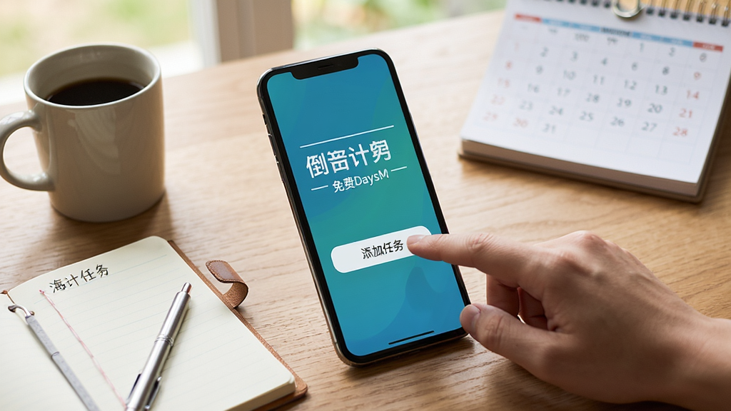 倒计时免费DaysM应用在手机上的实际使用场景,用户手指点击屏幕上的“添加任务”按钮,手机周围有记事本、咖啡杯、日历等物品,桌面为木质纹理,光线自然,氛围轻松,细节清晰,画质干净,无多余元素