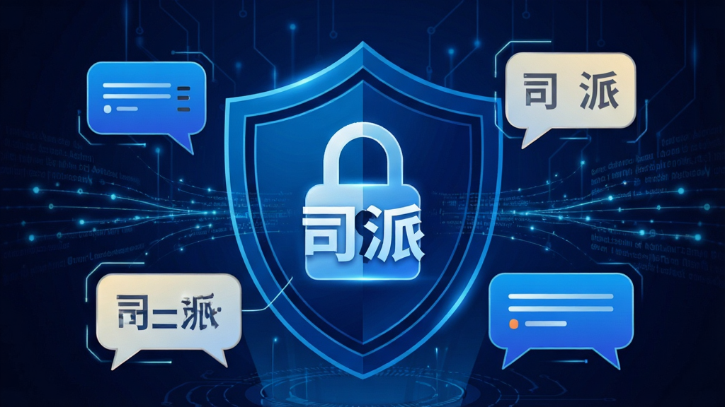 主体:一张展示“司派”软件安全加密功能的宣传概念图。布局:背景为深蓝色科技感盾牌图形,前景是悬浮的对话气泡和锁形图标。排版:盾牌位于画面中央,对话气泡环绕四周。风格:科技感、现代感,带有发光线条的装饰。细节:锁形图标和“司派”字样清晰可见,画面中还有数据流光线效果。画质:高清晰度,色彩对比强烈,无多余元素。