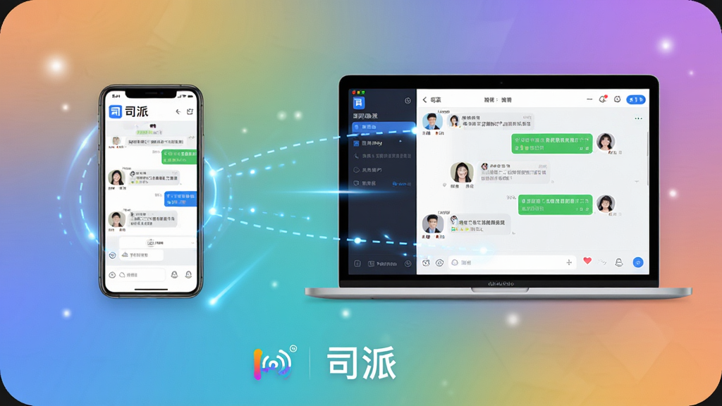 主体:一张展示“司派”软件在手机和电脑上同时运行的双屏预览图。布局:左侧是手机,右侧是笔记本电脑,屏幕中均显示司派的聊天界面。排版:手机和电脑平行摆放,背景为渐变色。风格:现代简约,带有科技光效。细节:两个屏幕上的内容通过虚线连接,表示数据同步,画面底部有“司派”字样。画质:高清,干净整洁。