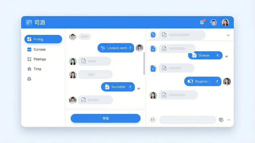 主体:一款名为“司派”的聊天办公软件的主界面展示图,画面中央是简洁的对话列表和聊天窗口。布局:左侧为功能导航栏,右侧为聊天区域,整体采用左右分栏式布局。排版:界面元素排列整齐,信息层级分明,窗口边缘有柔和的阴影效果。风格:扁平化设计,色彩以清新的蓝白为主色调,搭配圆角按钮。细节:聊天窗口中显示文本气泡和文件分享图标,顶部显示“司派”字样。画质:高清,画面干净明亮,无多余元素。