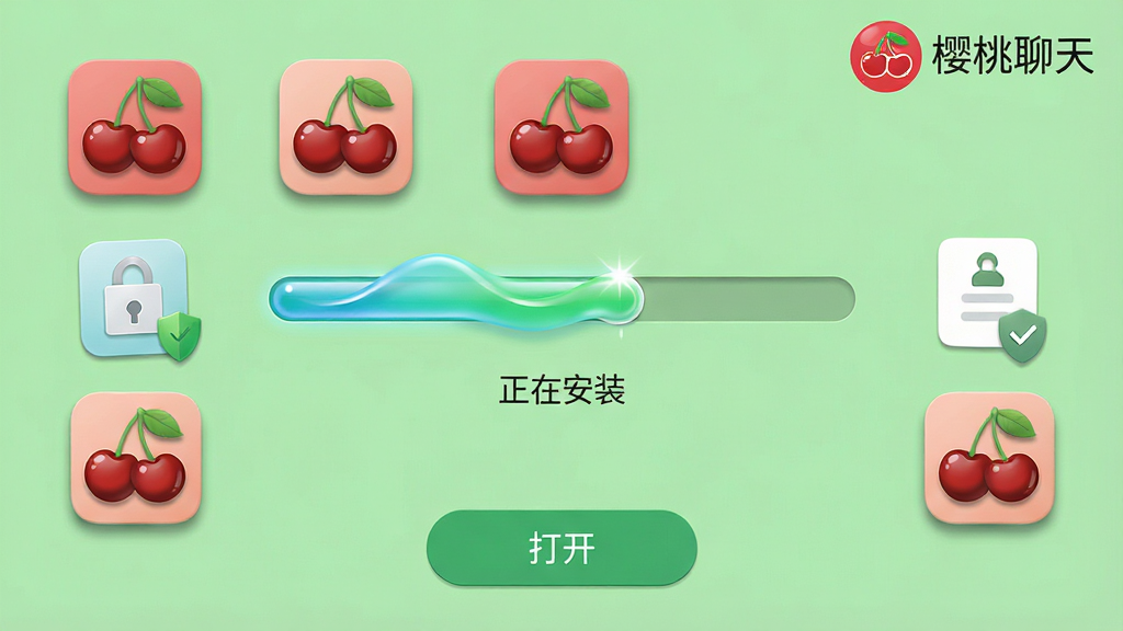 主体:樱桃聊天APP的安装界面截图,手机屏幕显示安装进度条和“完成”按钮。布局:屏幕中央有安装进度条,周围有应用图标和权限说明列表。排版:进度条下方有“正在安装”字样,右上角有“樱桃聊天”LOGO,底部有“打开”按钮。风格:简洁的安卓系统风格,背景为浅绿色,象征安全可靠。细节:进度条带有流动光泽,图标周围有微弱的投影,画面干净无多余元素。画质:高清渲染,细节清晰,干净无多余元素。