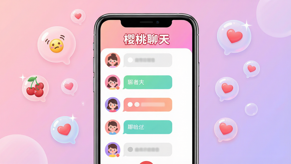 主体:樱桃聊天APP界面展示,手机屏幕占据中心位置,屏幕中显示聊天列表和语音通话界面。布局:手机竖屏居中,背景为渐变色,从浅粉色到淡紫色,周围有漂浮的气泡和爱心图标。排版:手机屏幕内UI元素清晰,聊天头像和消息气泡排列整齐;屏幕上方显示“樱桃聊天”字样,字体圆润可爱。风格:现代扁平化风格,色彩明亮温馨,整体氛围轻松活泼。细节:手机边缘有高光反射,气泡上带有小表情符号,画面干净无多余元素。画质:高清渲染,细节丰富,色彩饱和,干净无多余元素。