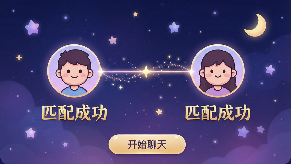 主体:樱桃聊天APP的匹配页面,两个用户头像通过一条发光的线连接。布局:左右各一个卡通风格的用户头像,中间有闪光的连线,背景为柔和的星空图案,点缀着星星和月亮。排版:头像下方显示“匹配成功”字样,字体为艺术体,颜色为金色;页面底部有“开始聊天”按钮。风格:梦幻浪漫风格,色调以深蓝和紫色为主,营造神秘感。细节:连线周围有微小的粒子特效,头像带有微笑表情,画面干净无多余元素。画质:高清渲染,光影效果细腻,干净无多余元素。