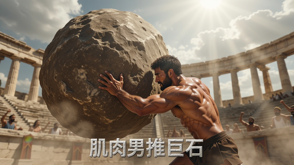 画面中央是一位肌肉虬结、汗水淋漓的壮汉,双手奋力推着一块巨大圆石,背景是古希腊石柱竞技场,阳光从云层洒下,空气中弥漫着尘土,整体风格写实且充满力量感,构图采用仰视视角凸显人物与巨石的体积对比,画面干净,无多余元素,画质高清细腻,文字标注“肌肉男推巨石”。