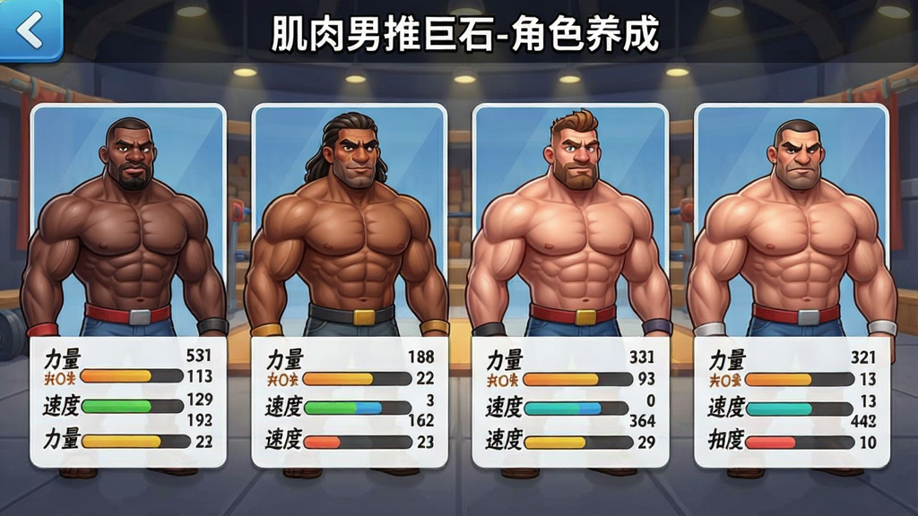 角色选择界面,展示多个不同肤色、发型、肌肉形态的壮汉角色立绘,每个角色下方有力量值、速度值等属性条,背景为竞技场休息室,风格半写实卡通,界面UI清晰,布局规整,画面干净,无多余元素,画质细腻,文字标注“肌肉男推巨石-角色养成”。