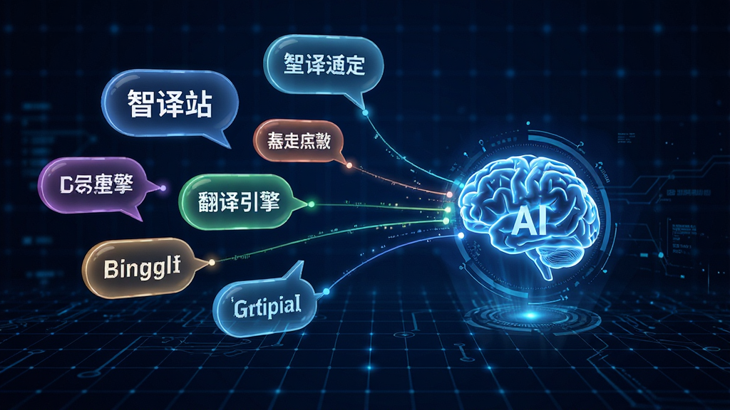 智译站AI翻译引擎功能展示图,画面中央漂浮着多国语言的文字气泡,连接至一个发光的智能大脑图标,背景为深蓝色科技网格,布局饱满,风格科幻,细节丰富,画质清晰,无多余元素