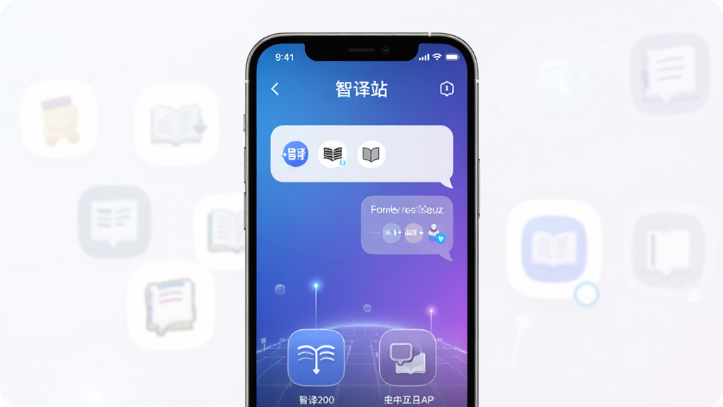 智译站APP主界面预览图,以智能手机为展示主体,屏幕内显示中英互译的简洁对话框,背景为渐变的蓝紫色科技感光效,界面布局清晰,图标圆润,整体风格现代简约,画质高清干净,无多余元素