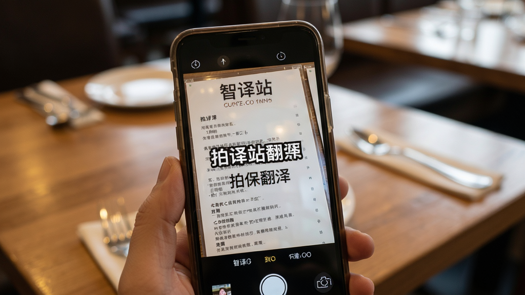 智译站拍照翻译功能演示图,手机摄像头对准一张外文菜单,屏幕中实时叠加显示中文翻译,背景是餐厅餐桌,浅景深效果突出手机屏幕内容,风格写实,细节清晰,画质干净,无多余元素
