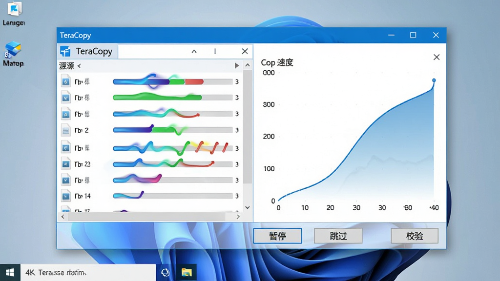 主体:TeraCopy软件主界面悬浮在现代化Windows桌面之上,界面显示多个文件复制任务进度条。布局:左侧为源文件列表,右侧为传输速度曲线图,底部有“暂停”、“跳过”、“校验”按钮。排版:采用左右分栏式布局,界面整洁,字体清晰。风格:扁平化设计,以蓝色和白色为主色调,科技感十足。细节:进度条呈现彩色动态流动效果,速度曲线平滑上升,文件图标清晰可辨。画质:4K超高清渲染,光影自然,干净无多余元素。
