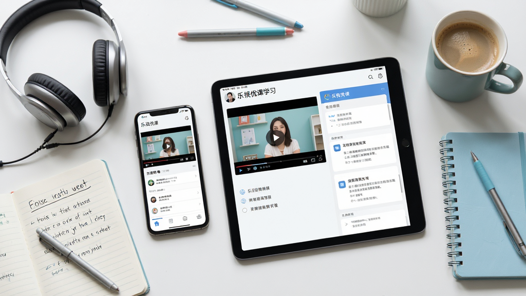 主体:手机和平板展示乐读优课学习界面,旁边有耳机和笔记本,桌面有咖啡杯。布局:设备居中,学习文具环绕。排版:俯拍角度,均衡布局。风格:生活化场景,自然光,清新色调。细节:屏幕显示课程视频和习题界面,笔记本上有手写笔记。画质:高清质感,干净无多余元素。