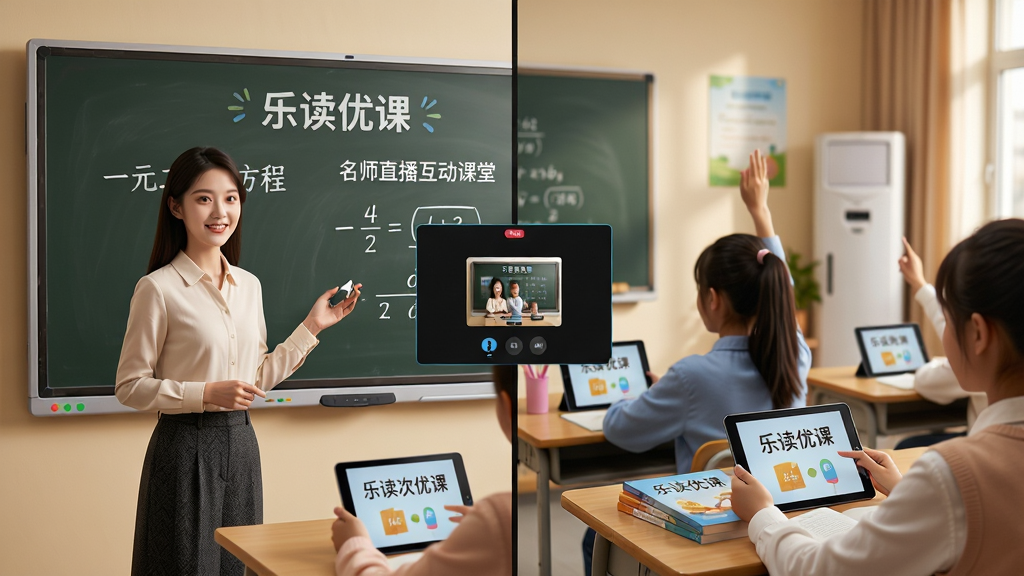 主体:乐读优课“名师直播互动课堂”场景,年轻女老师站在智能黑板前授课,黑板上有“乐读优课”字样和数学公式,下方学生通过平板电脑举手互动。布局:老师居左,学生画面居右,中间有连麦窗口。排版:左右分屏,视觉焦点在老师身上。风格:写实教育风格,暖色调灯光,温馨专业。细节:黑板写有“一元二次方程”板书,学生桌上摆放乐读优课教材。画质:高清细腻,干净无多余元素。