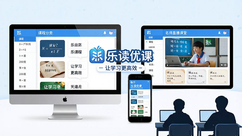主体:乐读优课在线教育平台界面,电脑屏幕和手机屏幕并排展示课程列表,画面中央有“乐读优课”品牌Logo和“让学习更高效”标语。布局:左屏显示课程分类,右屏显示名师直播课堂,下方有学生认真听课的剪影。排版:上下结构,文字与画面比例均衡。风格:现代扁平化设计,明亮蓝白主色调,简洁大气。细节:屏幕内展示数学公式、英语单词卡片、语文诗词等元素,界面干净无杂乱。画质:4K超清,色彩通透,干净无多余元素。