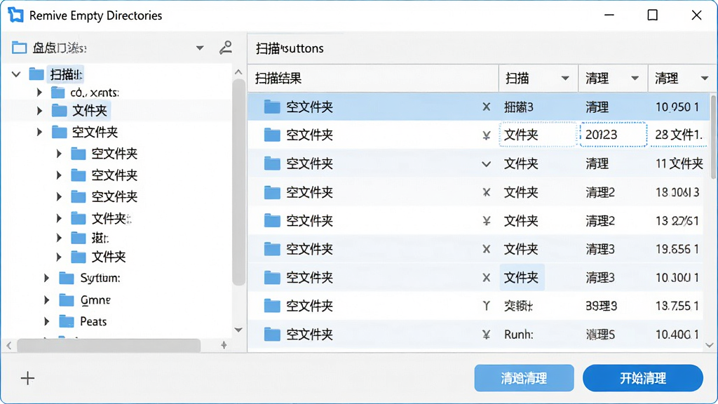 主体:Remove Empty Directories软件主界面,展示扫描出的空文件夹列表和清理按钮。布局:左侧为磁盘目录树,右侧为扫描结果列表,底部为操作按钮。排版:清晰的功能分区,列表项整齐排列。风格:现代简约,扁平化设计,蓝白配色。细节:列表中有多个标记为“空文件夹”的条目,按钮上标注“开始清理”。画质:高清,干净,无多余元素。
