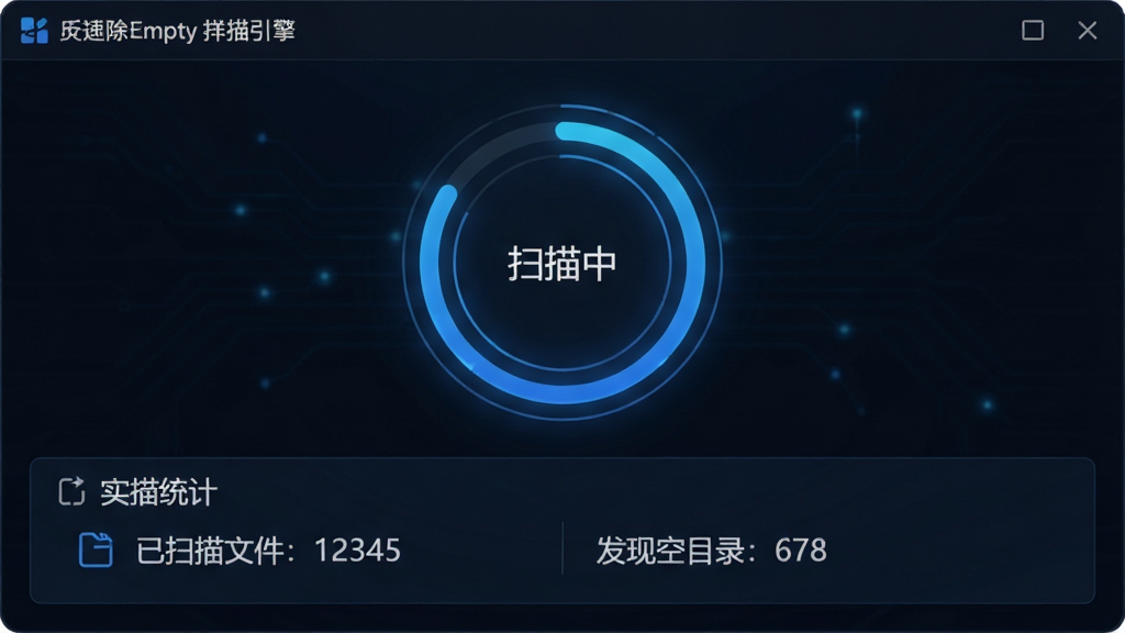 主体:Remove Empty Directories的智能扫描引擎界面,显示扫描进度条和实时数据。布局:居中显示进度环,下方为扫描统计信息。排版:数据可视化图表,简洁明了。风格:科技感,深色背景,蓝色高光。细节:进度环上标注“扫描中”,统计区域显示“已扫描文件:12345”和“发现空目录:678”。画质:高清,干净,无多余元素。