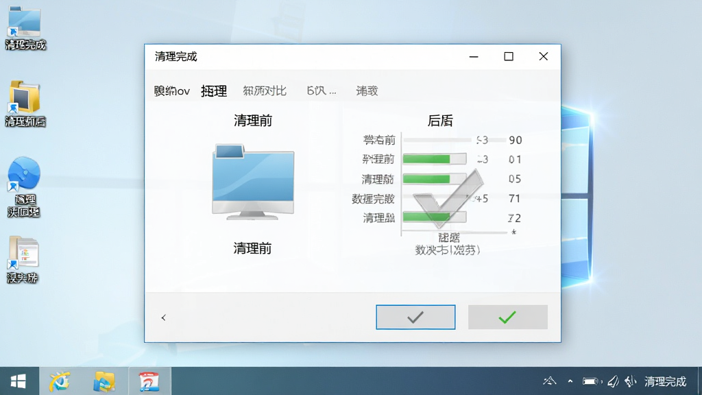 主体:Remove Empty Directories在Windows桌面上运行,界面显示清理完成。布局:软件窗口居中,桌面背景干净。排版:窗口内展示清理前后的对比数据。风格:写实,明亮环境。细节:窗口标题栏显示“清理完成”,按钮为灰色不可用状态,旁边有对勾图标。画质:高清,干净,无多余元素。