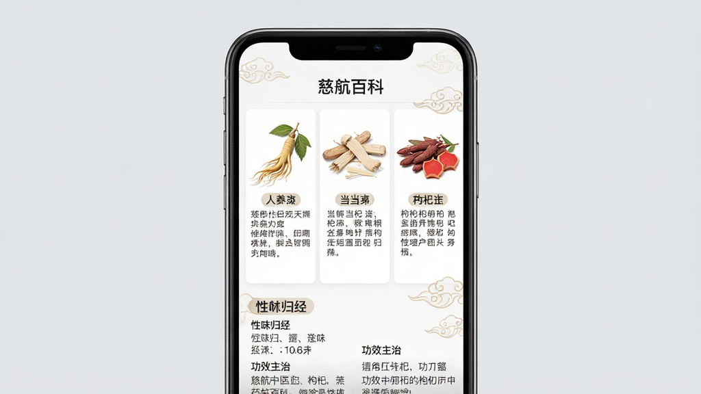 ���壺�ֻ���Ļ��д����ʾ�Ⱥ���ҽAPP�С�ҩ�İٿơ�ҳ�棬ҳ��չʾ�˲Ρ����顢��轵�ҩ�ĵĸ���ͼƬ����ϸ���ֽ��ܡ����֣��ֻ����У�����Ϊǳ��ɫ��ͻ����Ļ���ݡ��Ű棺��Ļ���������ɶ���ҩ��ͼƬ�������룬����˵����ϸ������ִ���࣬��������ҽԪ�������Ƶ��ơ�ϸ�ڣ���Ļ�Ϸ��С��Ⱥ���ҽ��������ҩ���·��С���ζ�龭������Ч���Ρ���С���⡣���ʣ��߷ֱ��ʣ�����ɾ����޶���Ԫ�ء�