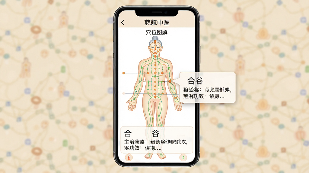 ���壺�ֻ���Ļչʾ�Ⱥ���ҽAPP�ġ�Ѩλͼ�⡱ҳ�棬��ʾ���徭��ͼ�����ĳ��Ѩλ������ϸ˵���򡣲��֣��ֻ����У�����Ϊ�׻�ɫ����Ļ�����������Ű棺���徭��ͼռ��Ҫ����˵�������·�����񣺼�Լ������ɫ����͡�ϸ�ڣ���Ļ�Ϸ��С��Ⱥ���ҽ��������Ѩλ˵�������Ѩλ���ơ��Ϲȡ������ι�Ч�����ʣ��߷ֱ��ʣ�����ɾ����޶���Ԫ�ء�