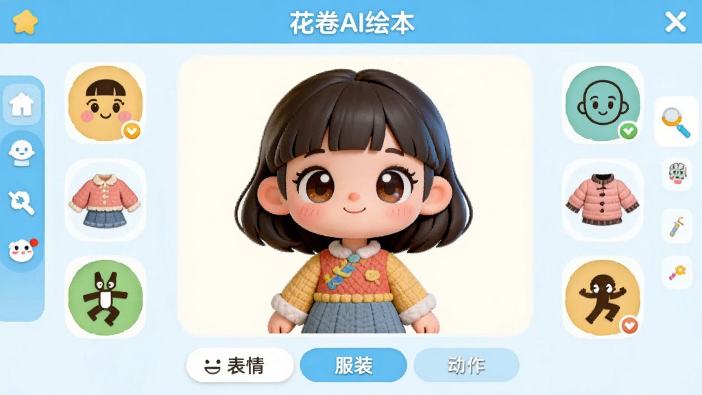 ��������Ϊ������AI�汾���Ľ�ɫ���ƽ��棬������һ���ɰ���СŮ����ɫ����Χ�����ű��顢��װ����̬��ѡ��ͼ�ꡣ����Ϊ��ɫչʾ�����м䣬����Ϊ�༭���������Ű��࣬��ɫ�·��С����顱������װ������������������ǩ�����ΪQ�濨ͨ���ɫ�����ޡ�ϸ�ڰ�����ɫ�۾��ĸ߹⡢�·��������������������ɾ��޶���Ԫ�ء�