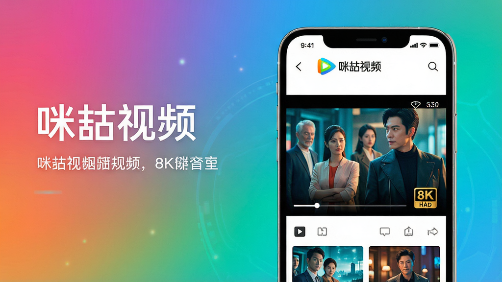 主体:咪咕视频APP界面展示,手机屏幕中播放热门影视剧,画面清晰色彩鲜艳。布局:手机位于画面中央偏右,左侧留有文字介绍区域,整体构图平衡。排版:简洁现代,突出视频播放界面和“咪咕视频”LOGO。风格:科技感与时尚感结合,明亮通透。细节:手机屏幕中显示播放进度条和清晰画质标志,背景为渐变色。画质:8K超高清,细节丰富,干净无多余元素。