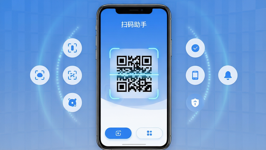 ���壺ɨ������APP��������չʾ���ֻ���Ļ������ʾһ�������Ķ�ά��ɨ�����Χ����͵Ĺ�Ч�ͼ���ͼ�ꡣ���֣��ֻ����У�����Ԫ�ضԳƷֲ�������Ϊ��ɨ�����֡��������ײ�Ϊ���ܰ�ť���Ű棺���󷽣�ͼ���������룬���������ɶ�������ִ���Լ���Ƽ��У�������ɫ����ϸ�ڣ���ά��ɨ�������΢��ɨ���ߣ����汳���е������������������ʣ����壬�ɾ����޶���Ԫ�ء�