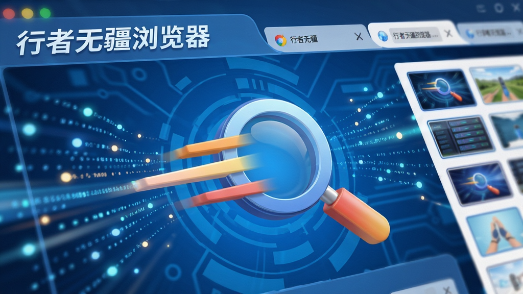 特写展示“行者无疆浏览器”的极速加载界面,一个带有速度线条的放大镜图标悬浮在蓝色科技感背景中央,周围有代表数据流的光点。界面顶部显示“行者无疆浏览器”字样,右侧为多个浏览器标签页缩略图。布局强调动感与速度感,排版富有层次,采用3D渲染风格,细节包括动态模糊的光效,画质细腻干净,无多余元素。