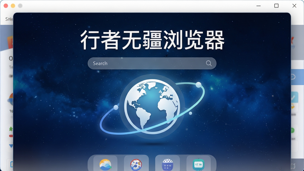 画面中央展示“行者无疆浏览器”的启动界面,一个简洁的圆形地球图标被流畅的轨道线条环绕,背景是深邃的蓝色渐变星空。主标题“行者无疆浏览器”以白色现代无衬线字体置于界面顶部,下方是半透明的搜索框与常用网站快捷方式。整体布局对称,排版清爽,采用扁平化设计风格,细节包含微光效与阴影,画质高清干净,无多余元素。