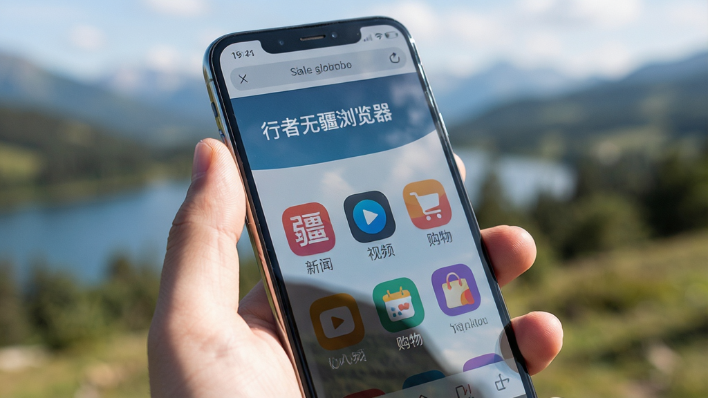 展示“行者无疆浏览器”的移动端使用场景,一只手拿着智能手机,屏幕显示浏览器主界面,背景是模糊的户外风景。界面顶部有“行者无疆浏览器”字样,下方排列着新闻、视频、购物等彩色图标。整体布局自然和谐,采用写实摄影风格,细节包括屏幕反光与手指阴影,画质高清干净,无多余元素。
