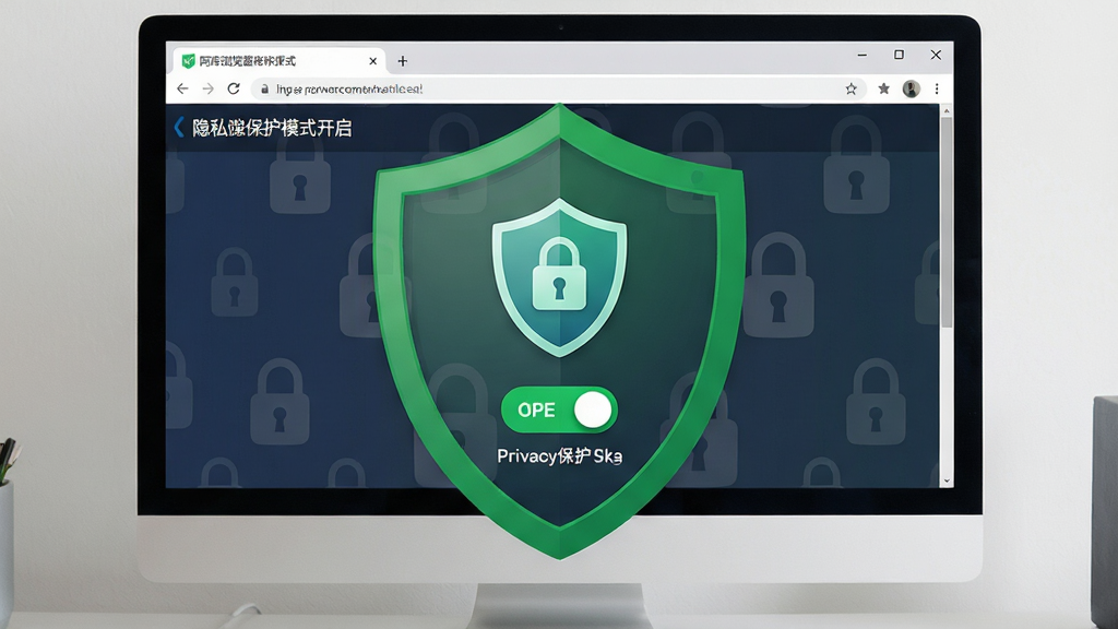 主体:阿库浏览器隐私保护模式开启界面,一个绿色盾牌图标覆盖在浏览器窗口上。布局:电脑屏幕显示浏览器设置页面,隐私保护开关处于开启状态,盾牌图标位于中央,背景有锁形图案。排版:简洁居中,突出盾牌与开关状态。风格:安全可靠,视觉语言清晰。细节:开关按钮高亮,说明文字清晰,无杂乱元素。画质:高清,干净,无多余元素。