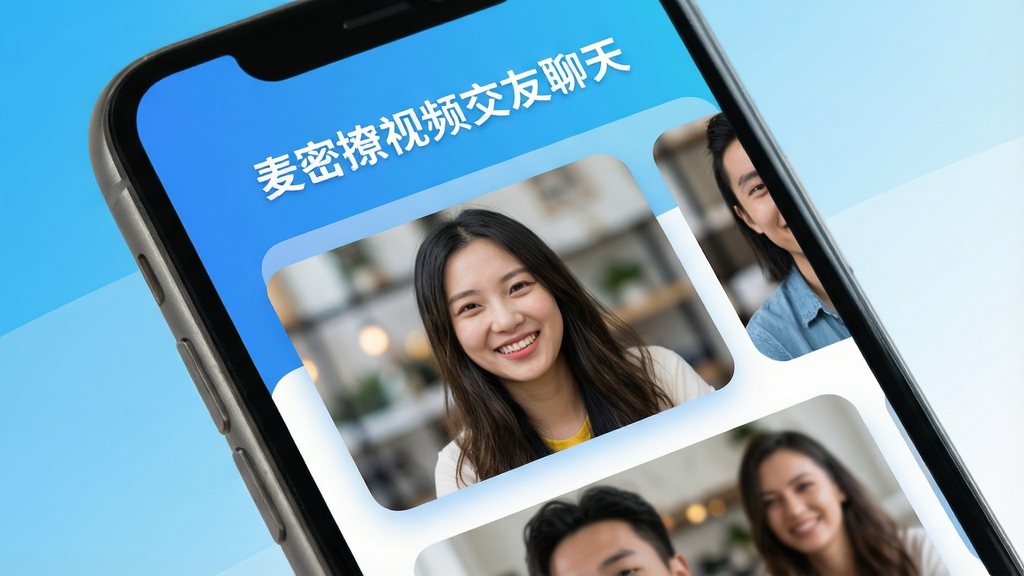 画面中央一部时尚智能手机屏幕显示麦密撩视频交友聊天主界面,界面布局清晰,上方为“麦密撩视频交友聊天”品牌字样,中部展示多个高清视频卡片,人物笑容自然,背景虚化处理,整体采用明亮活泼的蓝白渐变主色调,圆角卡片设计,现代扁平化风格,细节精致,画质干净无多余元素